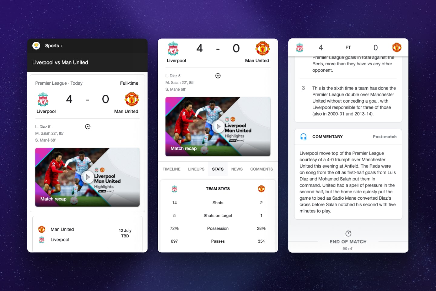 Sports data UX design example showing a Man United vs Liverpool match dashboard with Bite, Snack, and Meal insights.
