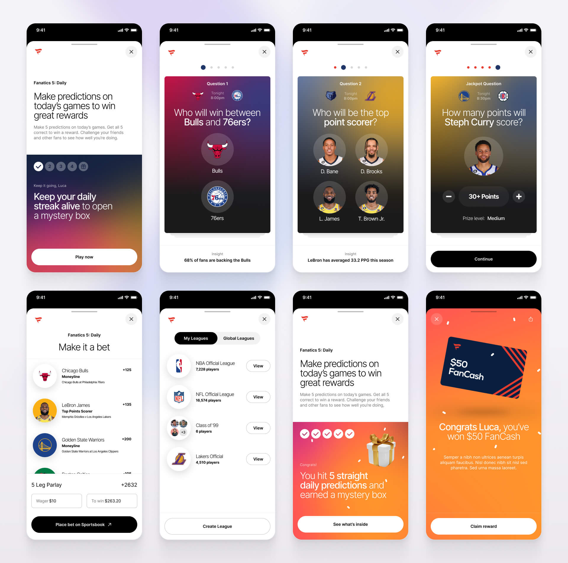 Case study image showing mobile screens from the Fanatics free-to-play prediction game, including sports trivia, streak rewards, leaderboard insights, and fan engagement features — designed by SGX Studio to enhance gamified user experiences in sports betting.