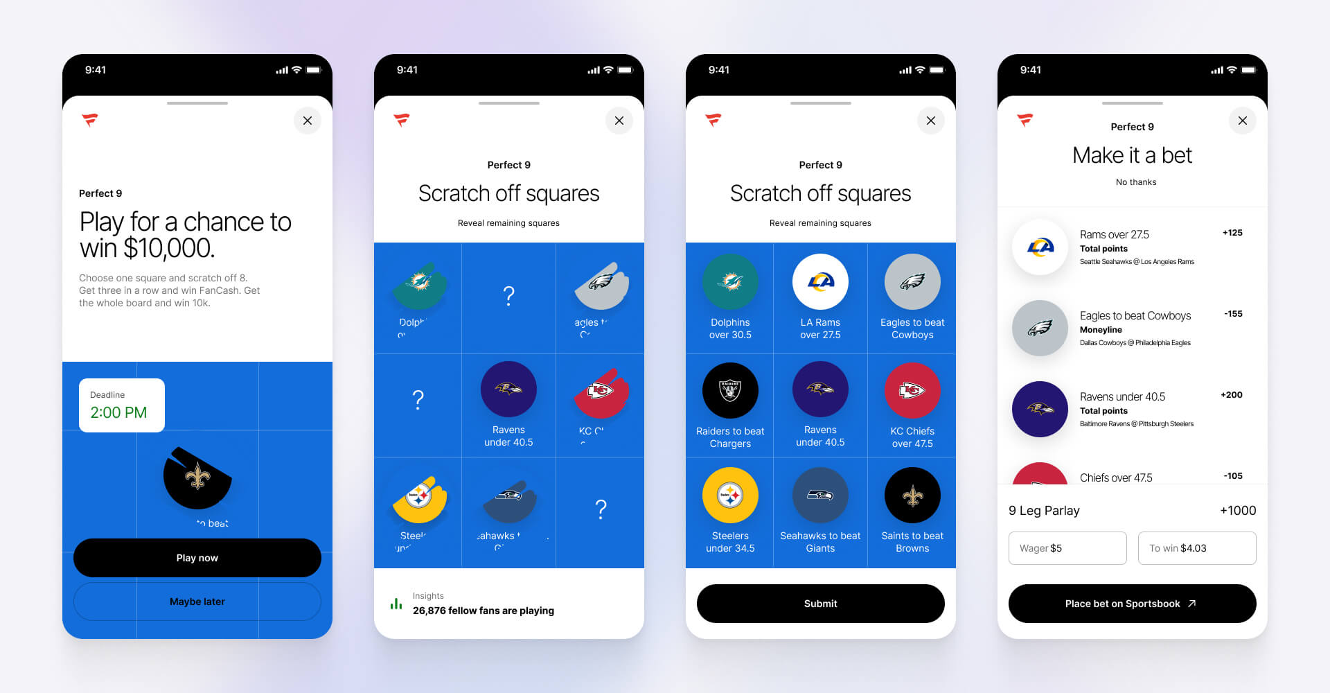 Four-screen mobile UI showing the Perfect 9 game experience, where fans scratch off sports picks for a chance to win $10,000, with an integrated option to place real bets via sportsbook, designed by SGX Studio.
