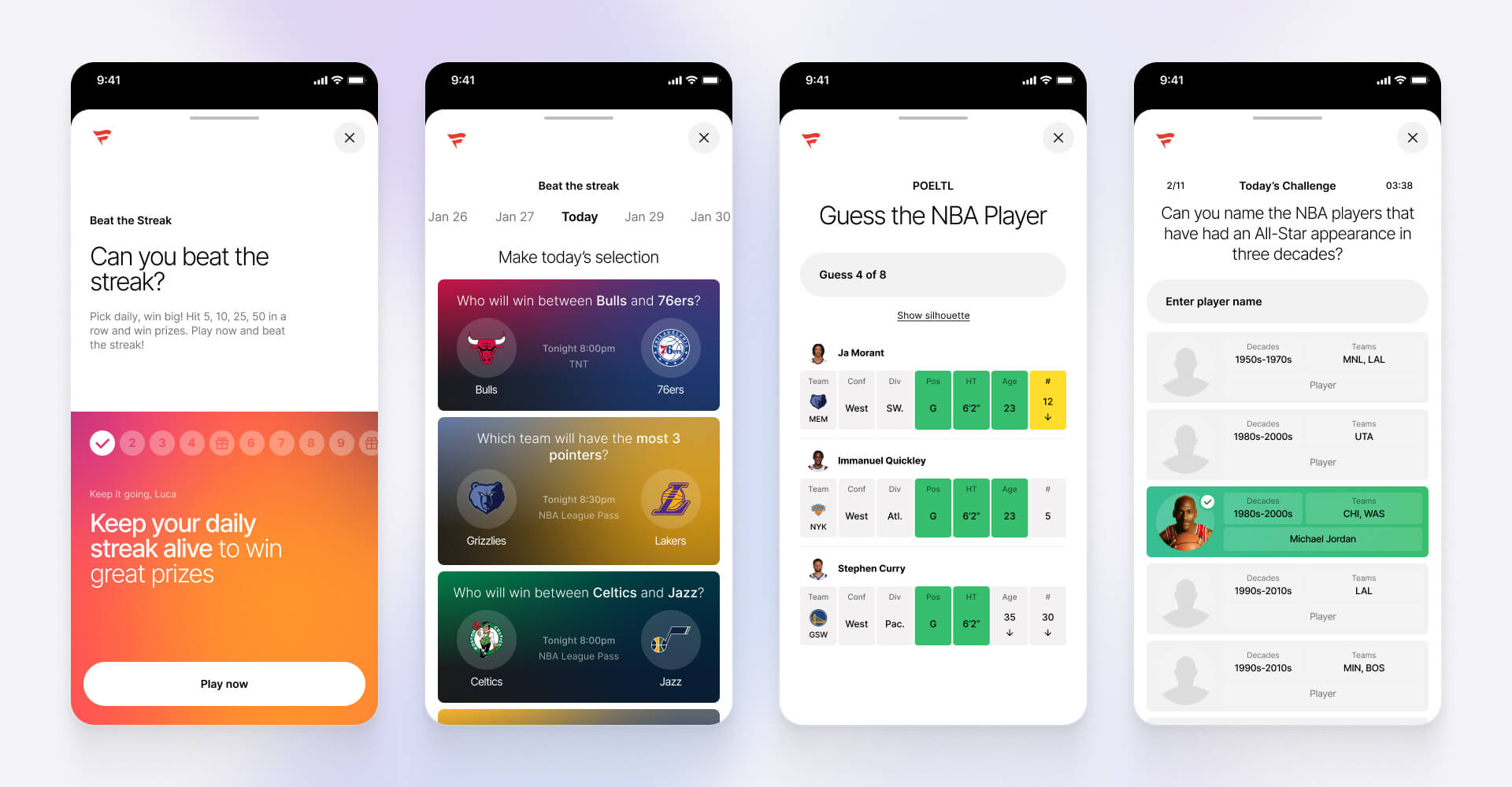 Four-screen mobile UI showing daily fan engagement games including Beat the Streak predictions, NBA matchup quizzes, player guessing games, and trivia challenges, designed by SGX Studio for Fanatics.