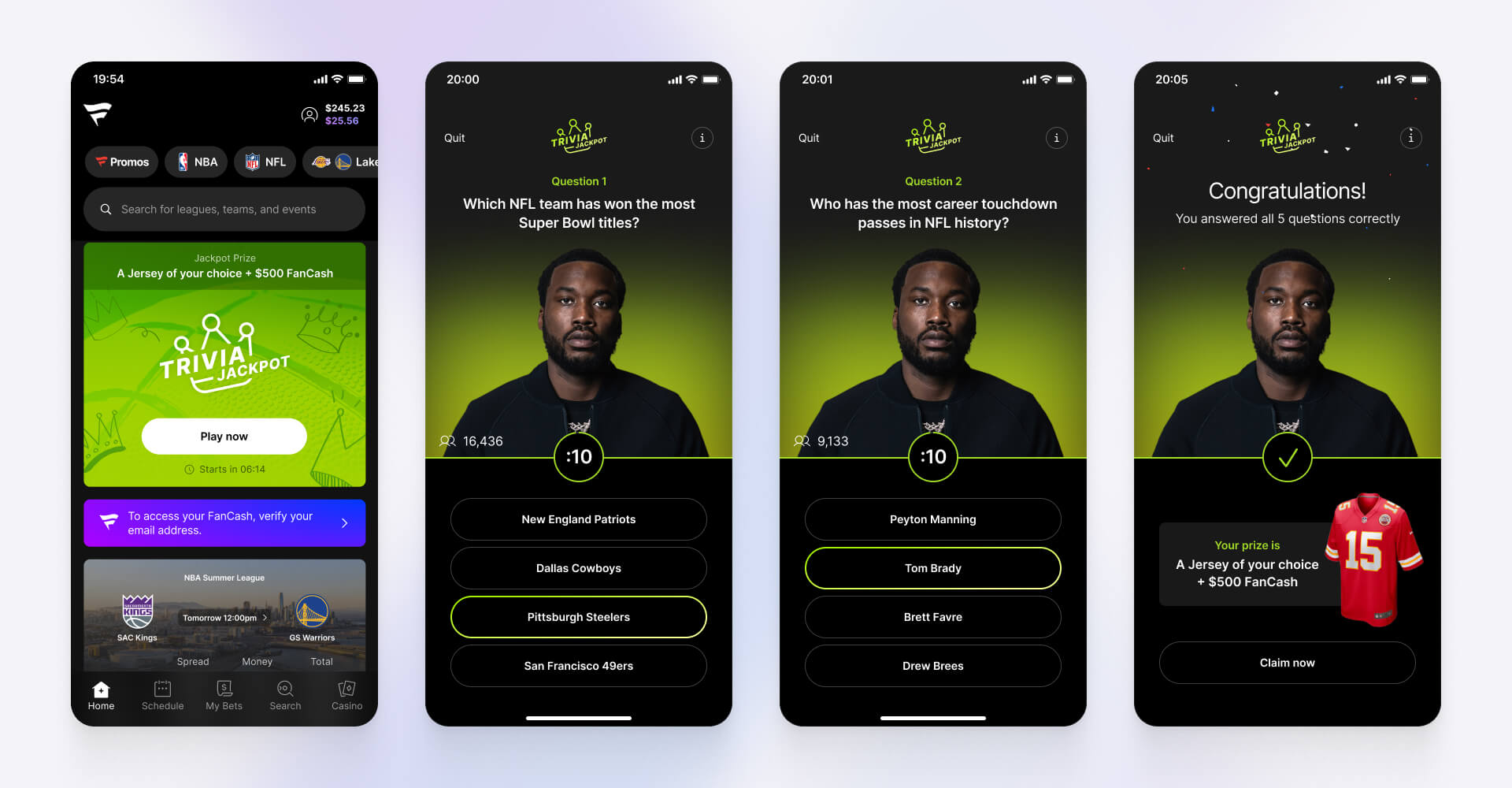 Case study image showcasing the Fanatics “Trivia Jackpot” feature, with mobile screens displaying timed sports trivia questions, leaderboard participation, and prize rewards — designed by SGX Studio to drive engagement and retention through gamified sports betting experiences.