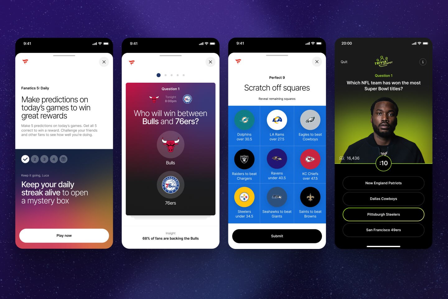Four-screen mobile UI showing interactive fan engagement games including daily predictions, matchup quizzes, scratch-off picks, and trivia challenges, designed by SGX Studio for Fanatics.