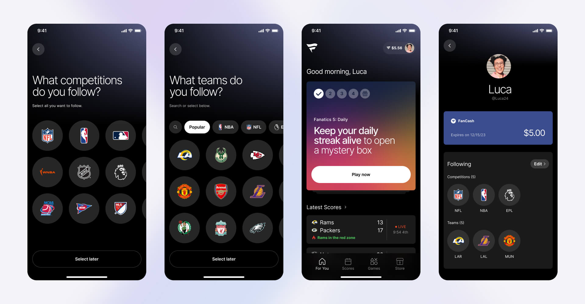 Mobile app UI showing Fanatics onboarding flow for selecting leagues and teams, daily rewards screen, and personalized fan profile with FanCash balance, designed by SGX Studio.