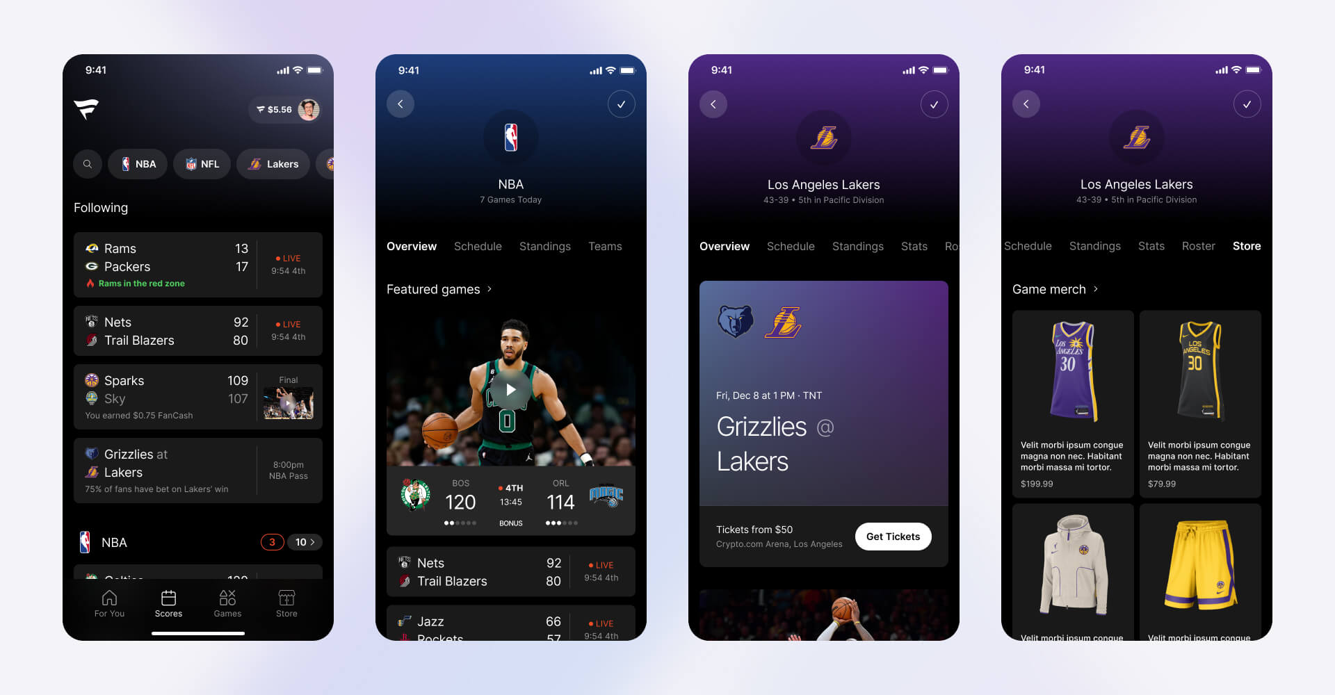 Mobile app UI showing Fanatics live scores feed, NBA league overview, team details for the Los Angeles Lakers, and integrated merchandise store, designed by SGX Studio.