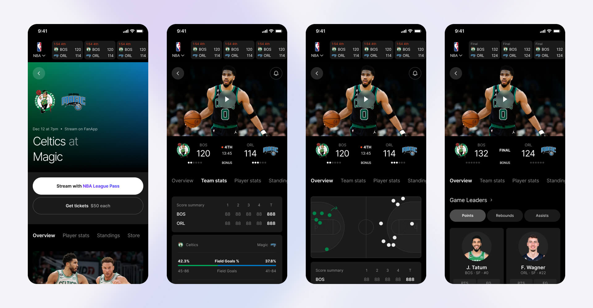 Mobile app UI showing live NBA game between Celtics and Magic, including score updates, video highlights, shot chart, and game leader stats, designed by SGX Studio.