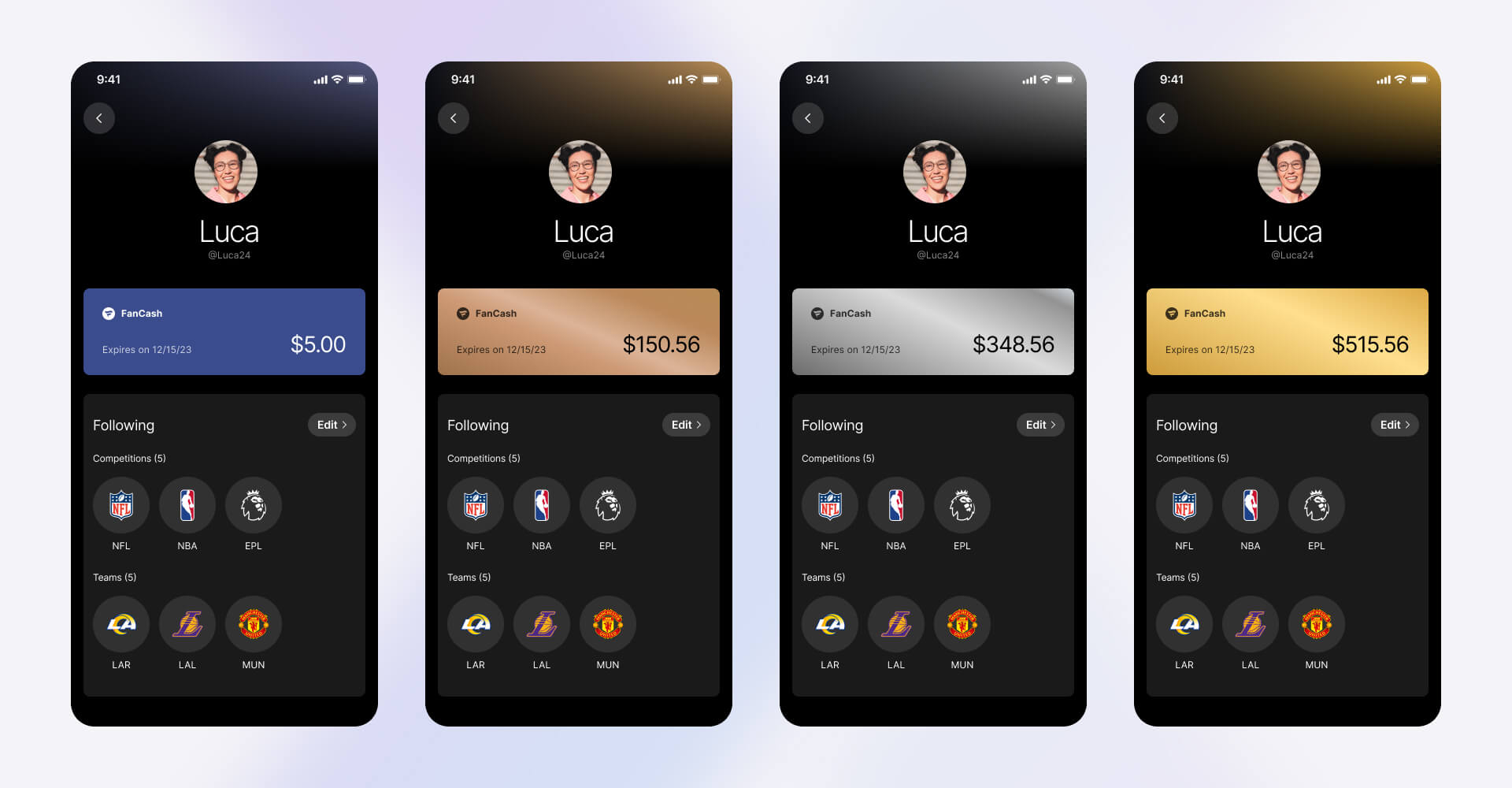 Mobile app UI showing FanCash balance progression across four tiers with different reward levels and color themes, designed by SGX Studio.