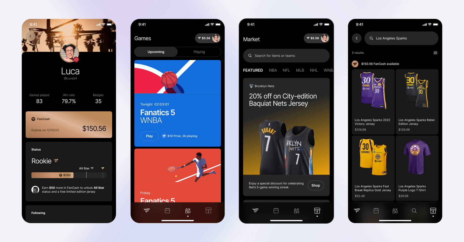 Mobile app UI showing Fanatics user profile, FanCash balance, active games, and sports merchandise marketplace, designed by SGX Studio.