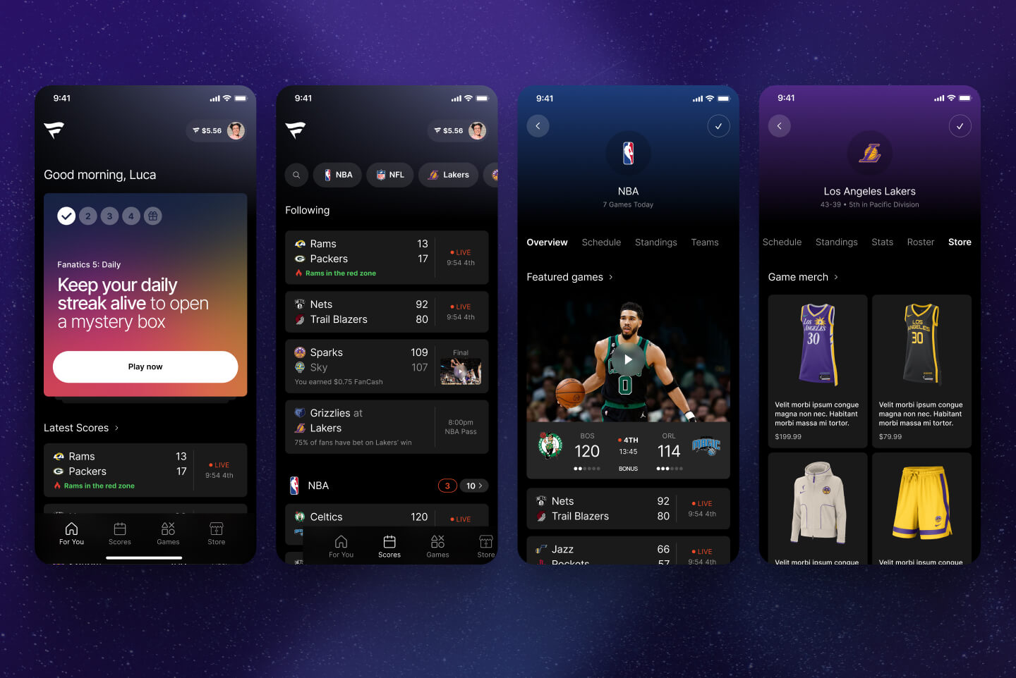 Case study image showing mobile app screens from the Fanatics sports app, featuring live scores, game stats, team pages, and merchandise integration, highlighting SGX Studio’s UX and UI design for sports technology.