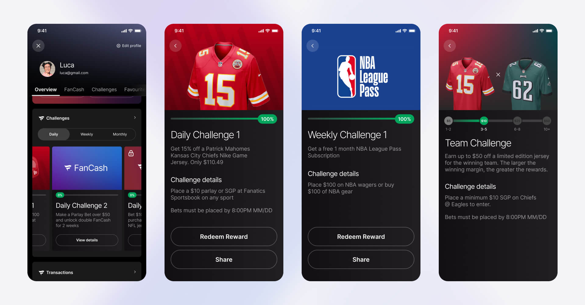 Four-screen mobile UI showing Fanatics Fan Challenges daily, weekly, and team-based missions with progress tracking, rewards, and redeem options, designed for sports fans to earn FanCash and exclusive merchandise.