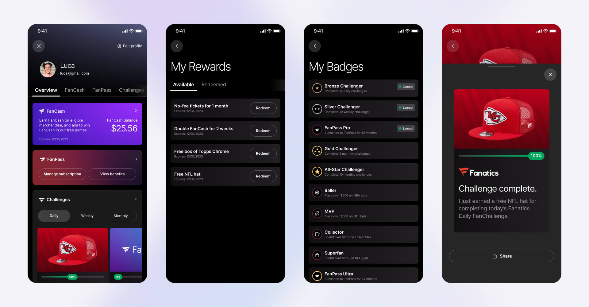 Four-screen mobile UI showing the Fanatics Fan Challenges system with user profile, reward redemption, achievement badges, and completion notifications for daily challenges, featuring dynamic progress visuals and FanCash integration, designed by SGX Studio.