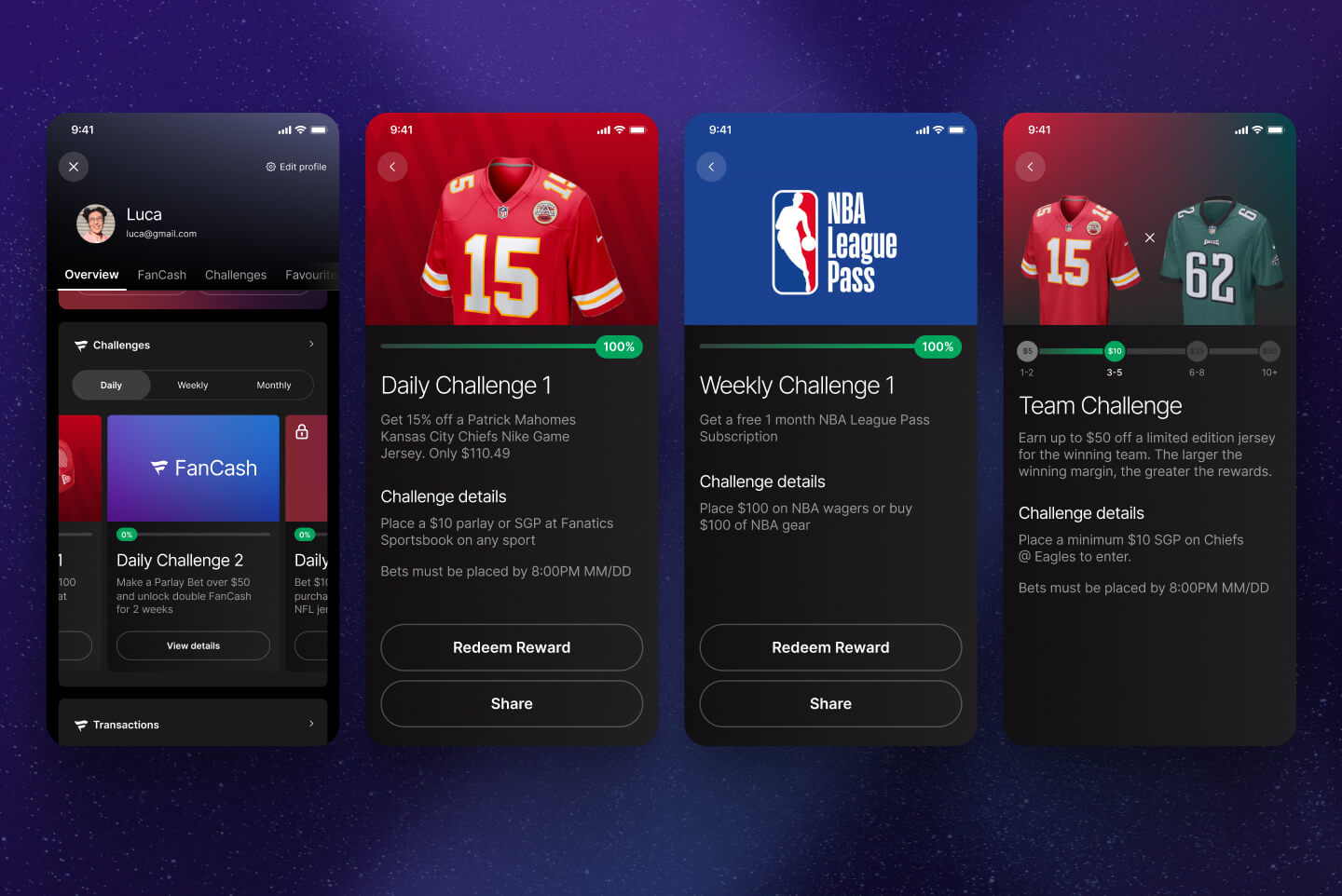 Mobile app UI showing Fanatics daily, weekly, and team challenges with progress tracking, reward redemption, and FanCash integration, designed by SGX Studio.