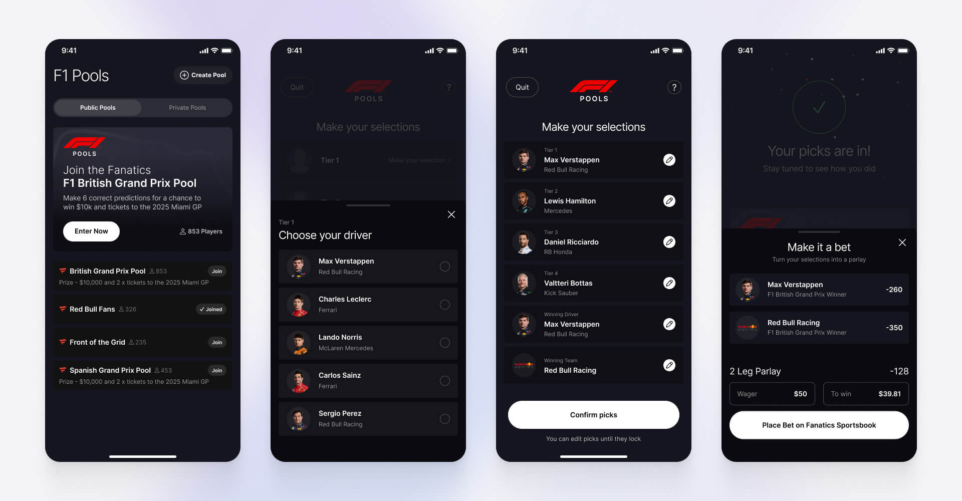 Four-screen mobile UI showing the F1 Pools feature with pool selection, driver predictions, confirmed picks, and sportsbook betting integration for immersive fan participation, designed by SGX Studio.