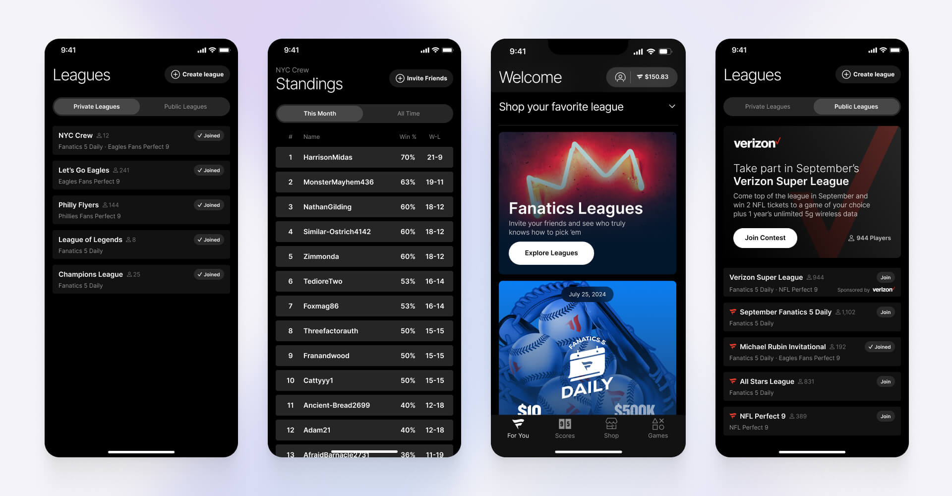 Four-screen mobile UI showing private and public leagues, player standings, promotional contests, and sponsored leagues for fan engagement and brand collaboration, designed by SGX Studio.
