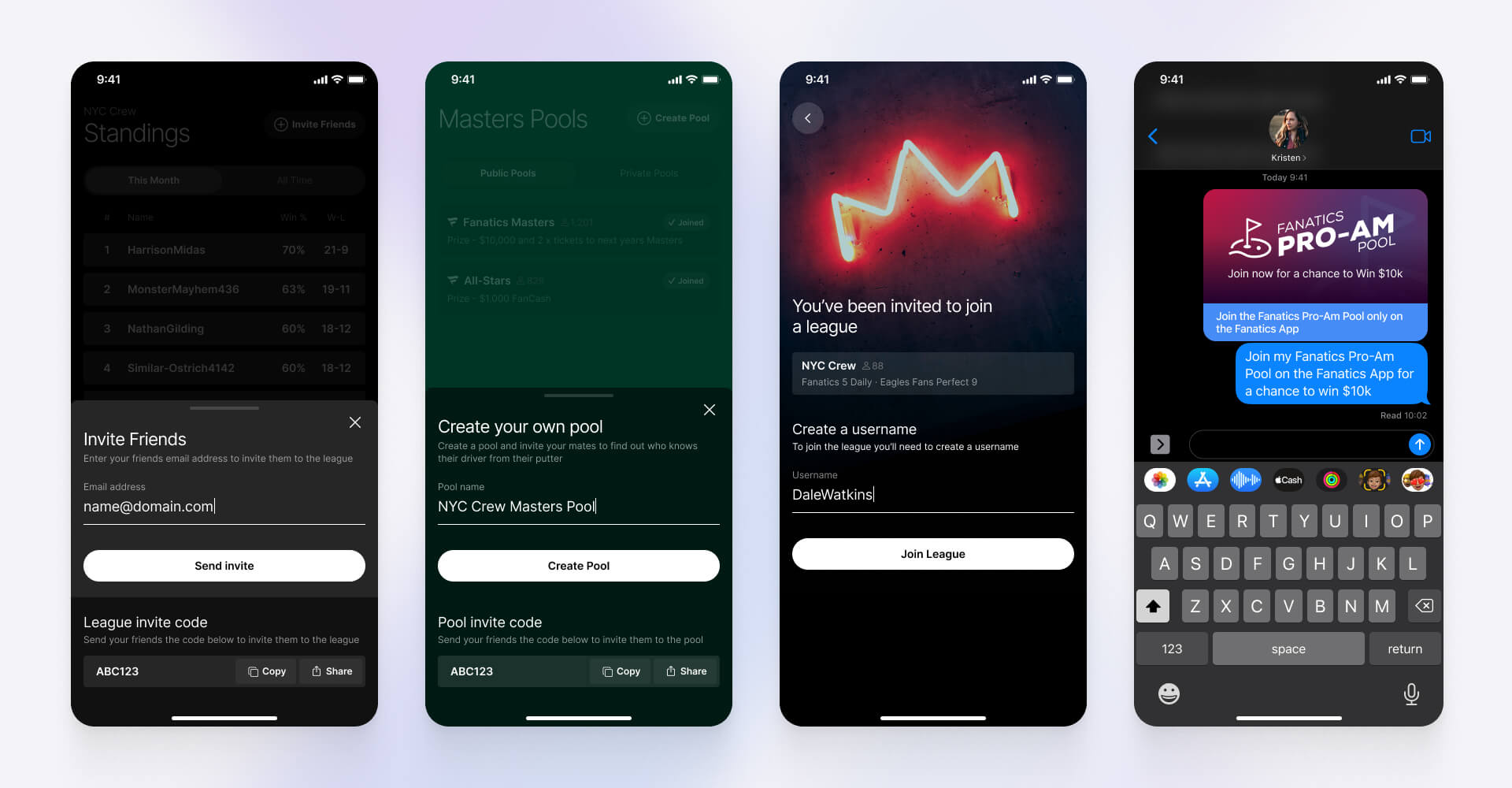 Four-screen mobile UI showing invite flow, pool creation, league joining, and shareable SMS invite for fan competitions and community-based engagement, designed by SGX Studio.