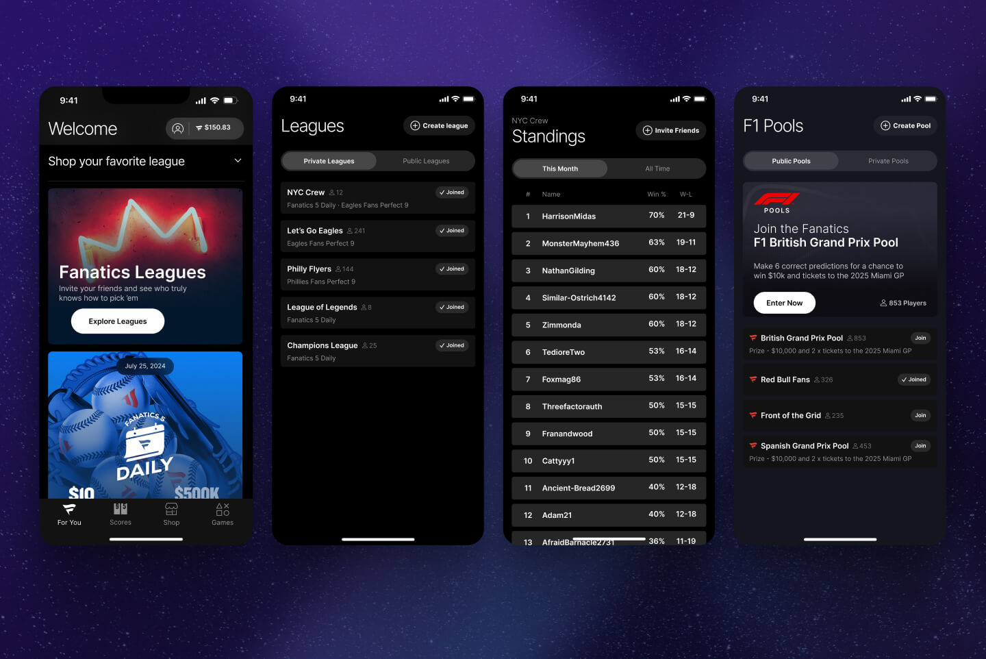 Four-screen mobile UI displaying private and public leagues, standings, and F1 prediction pools for competitive fan engagement and social sports interaction, designed by SGX Studio.