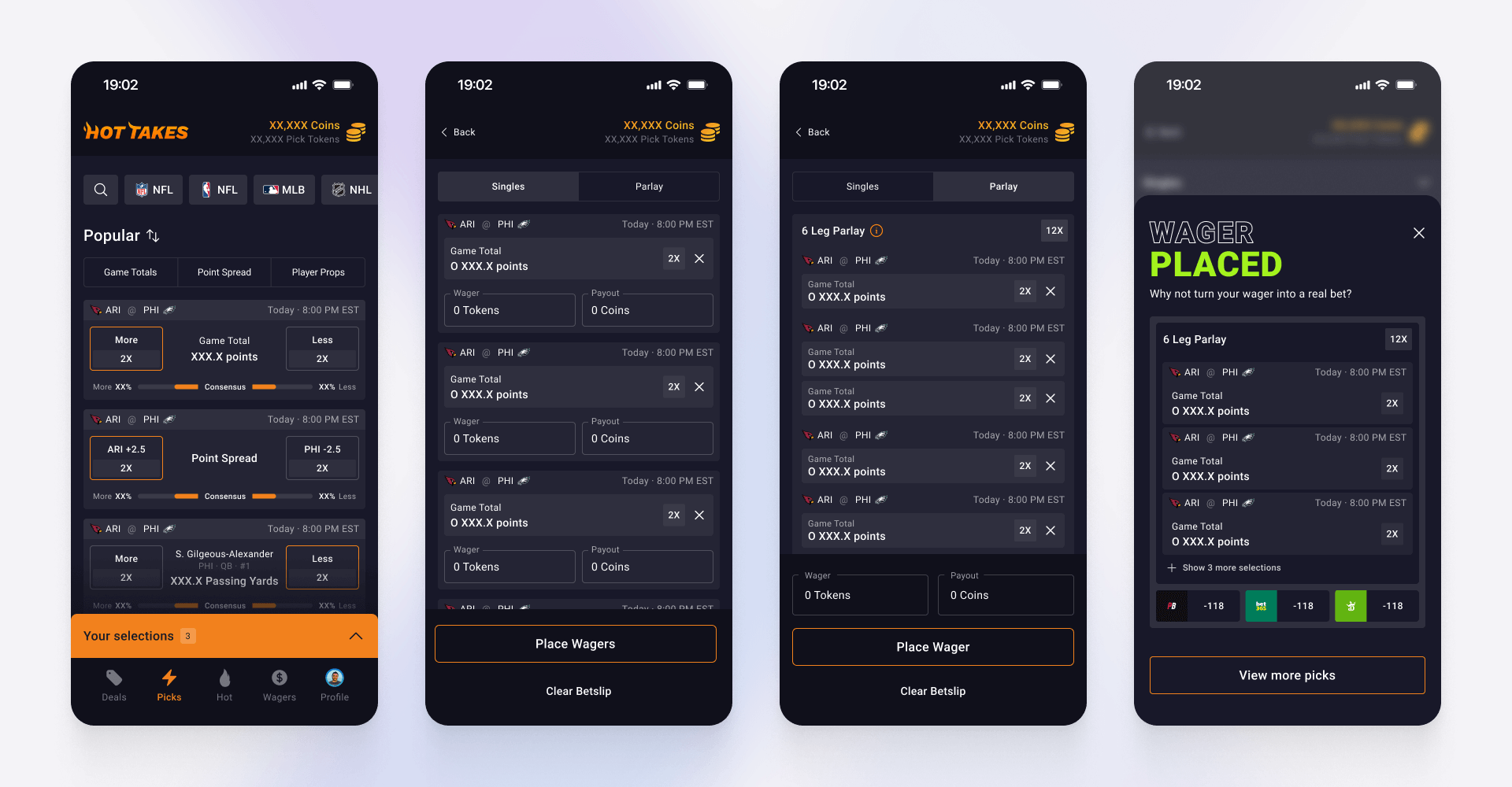 Four-screen mobile UI showing sports picks, parlay builder, and wager confirmation screens with tokens and payout multipliers for gamified betting UX, designed by SGX Studio.