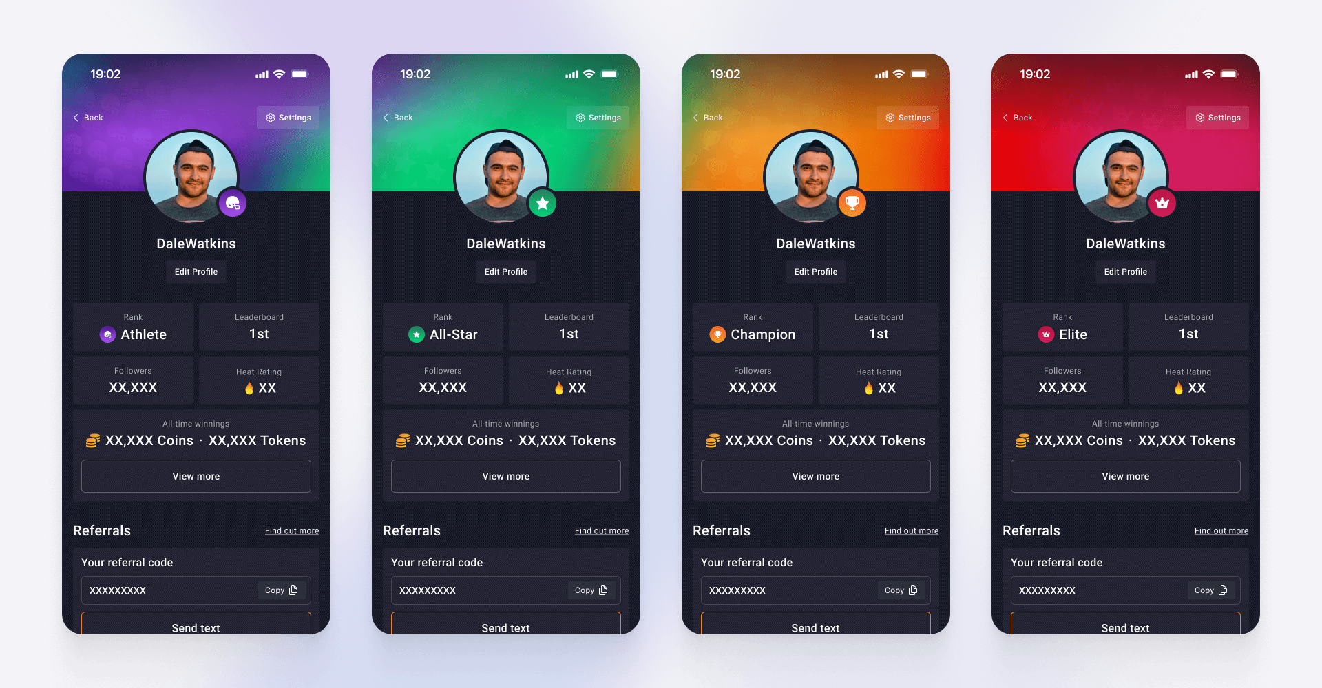 Four-screen mobile UI showing user profile ranks from Athlete to Elite with colorful gradient headers, leaderboard stats, and referral features for gamified engagement, designed by SGX Studio.