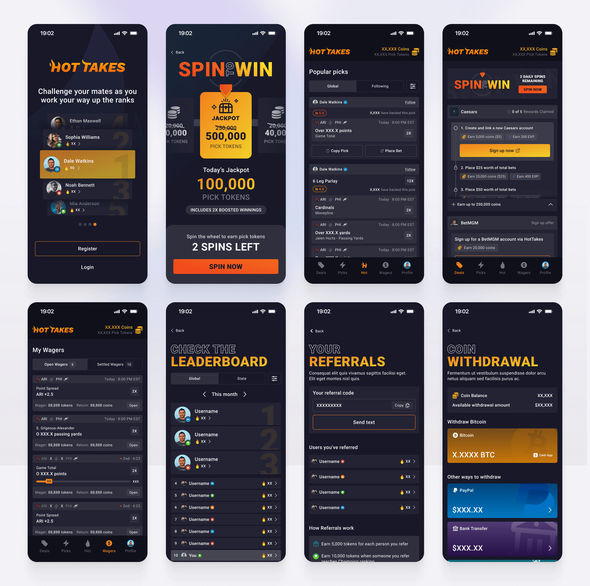 Eight-screen mobile UI showing login, spin-to-win rewards, picks, wagers, leaderboard, referrals, and crypto withdrawal features for fan engagement and retention, designed by SGX Studio.