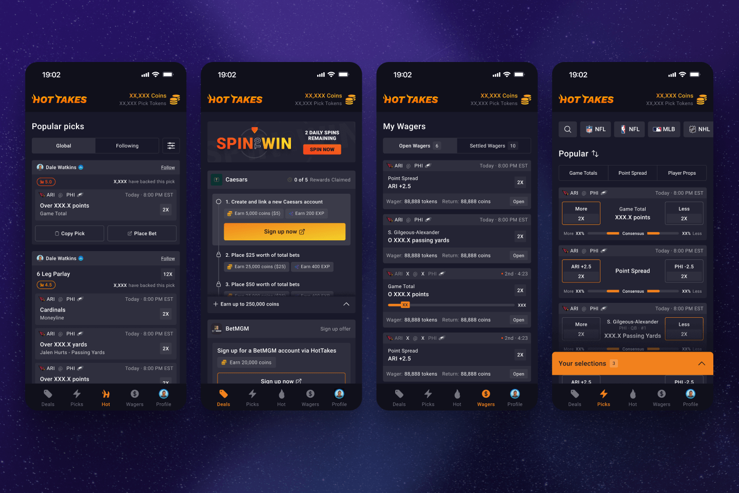 Four-screen mobile UI featuring sports picks, spin-to-win rewards, active wagers, and betting categories in a sleek dark interface for interactive fan engagement, designed by SGX Studio.