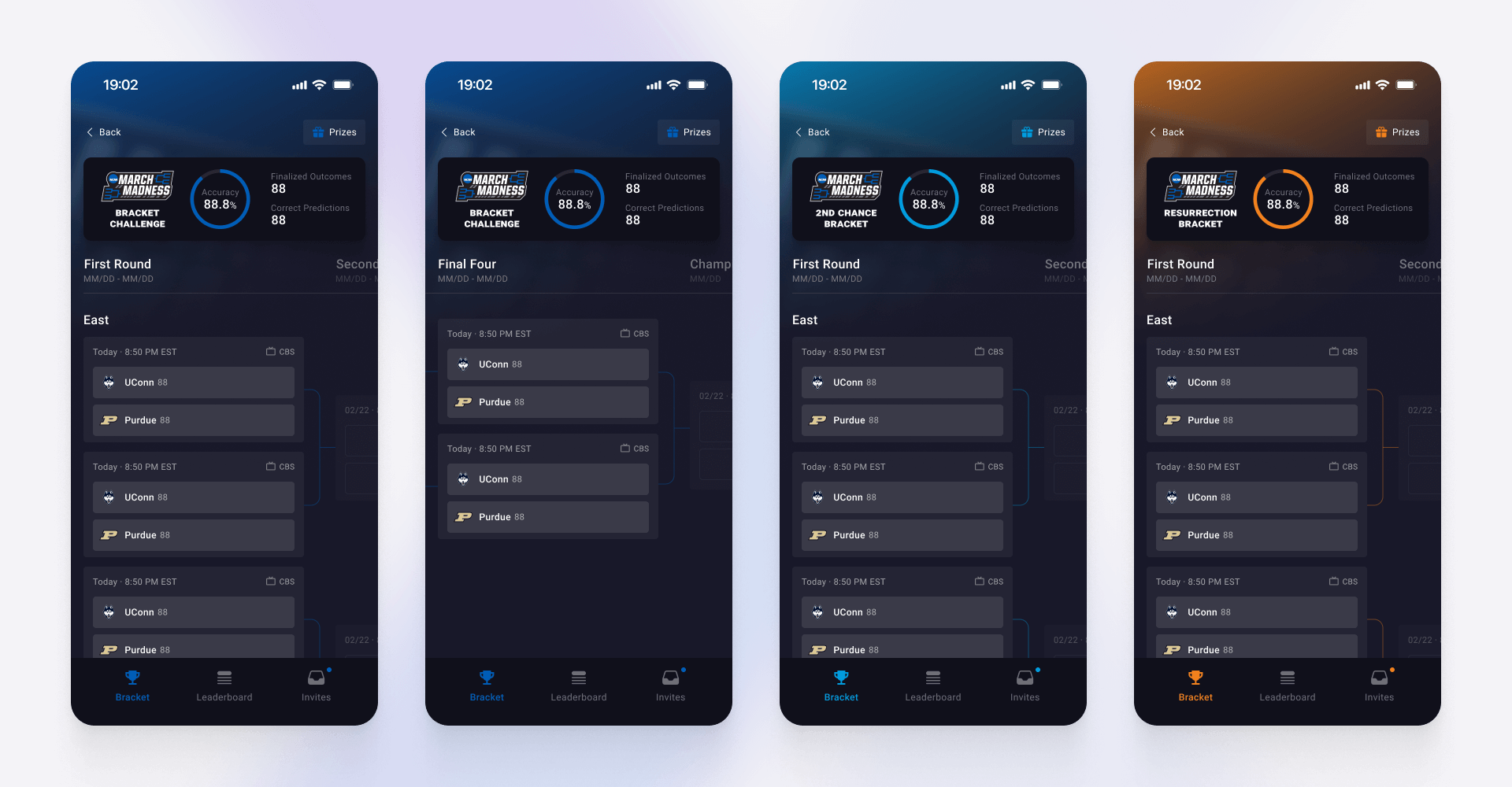 Four-screen mobile UI for a March Madness bracket challenge showing matchups, progression rounds, and accuracy metrics with dynamic color themes for fan engagement, designed by SGX Studio.