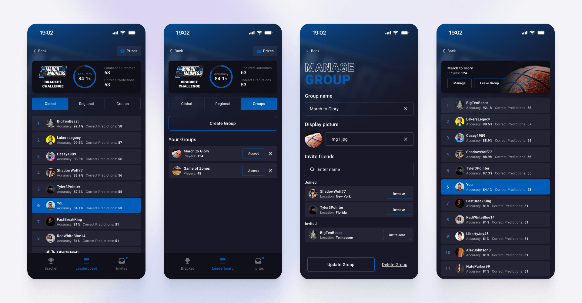 Four-screen mobile UI showing global and group leaderboards, user rankings, and social group management for competitive fan engagement in a bracket challenge, designed by SGX Studio.