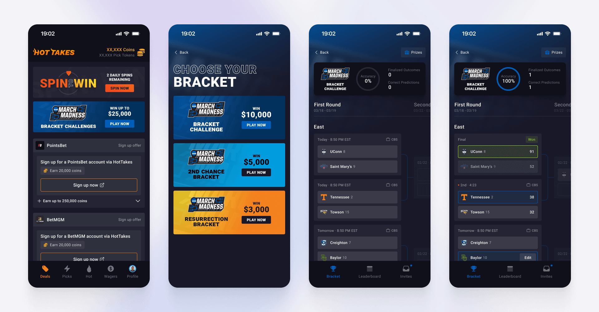 Four-screen mobile UI showing bracket challenge selection, tournament progress, score updates, and sportsbook reward integrations for fan engagement and gamified UX, designed by SGX Studio.