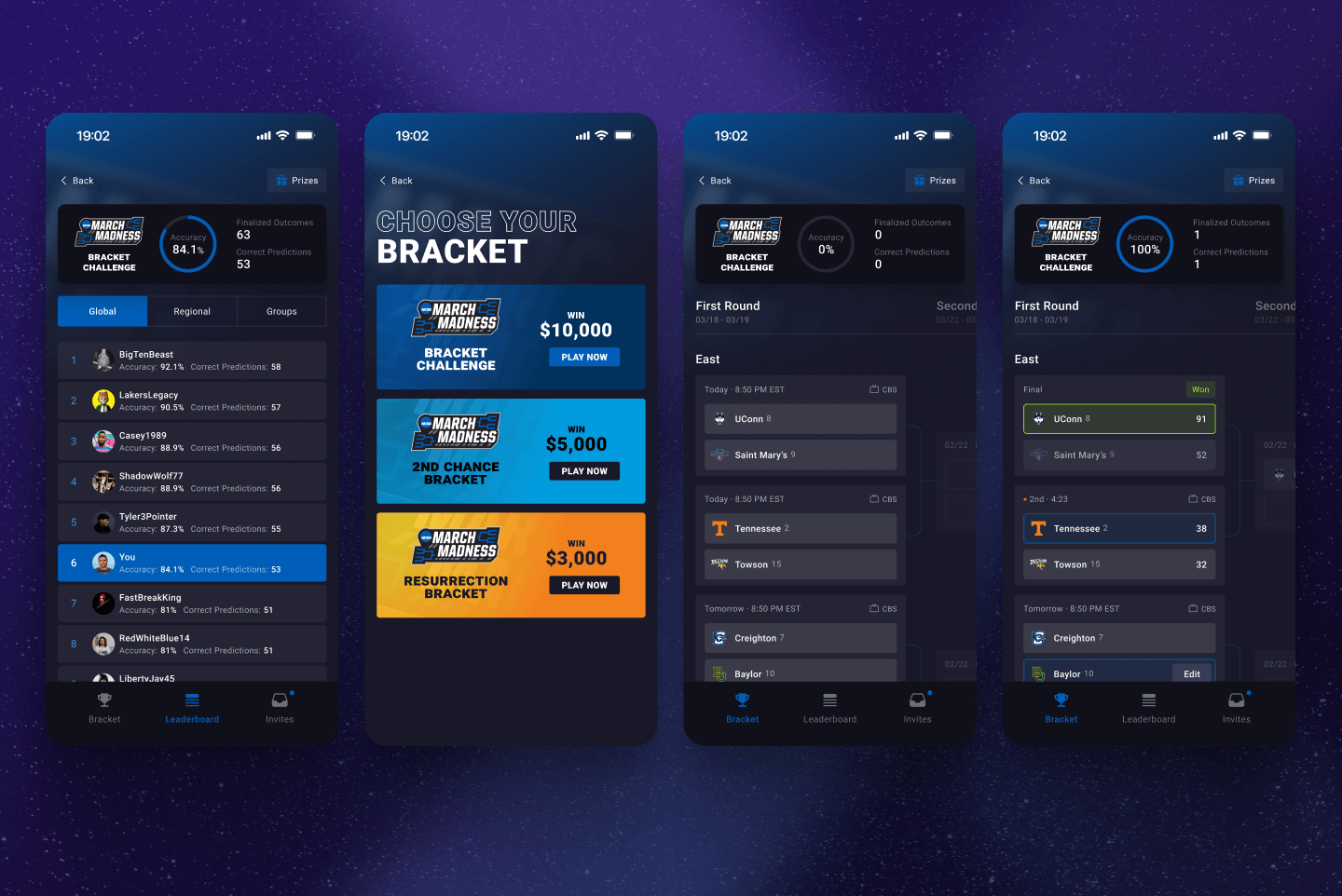 Four-screen mobile UI displaying bracket leaderboard, challenge selection, and live matchup updates with accuracy metrics for competitive fan engagement, designed by SGX Studio.