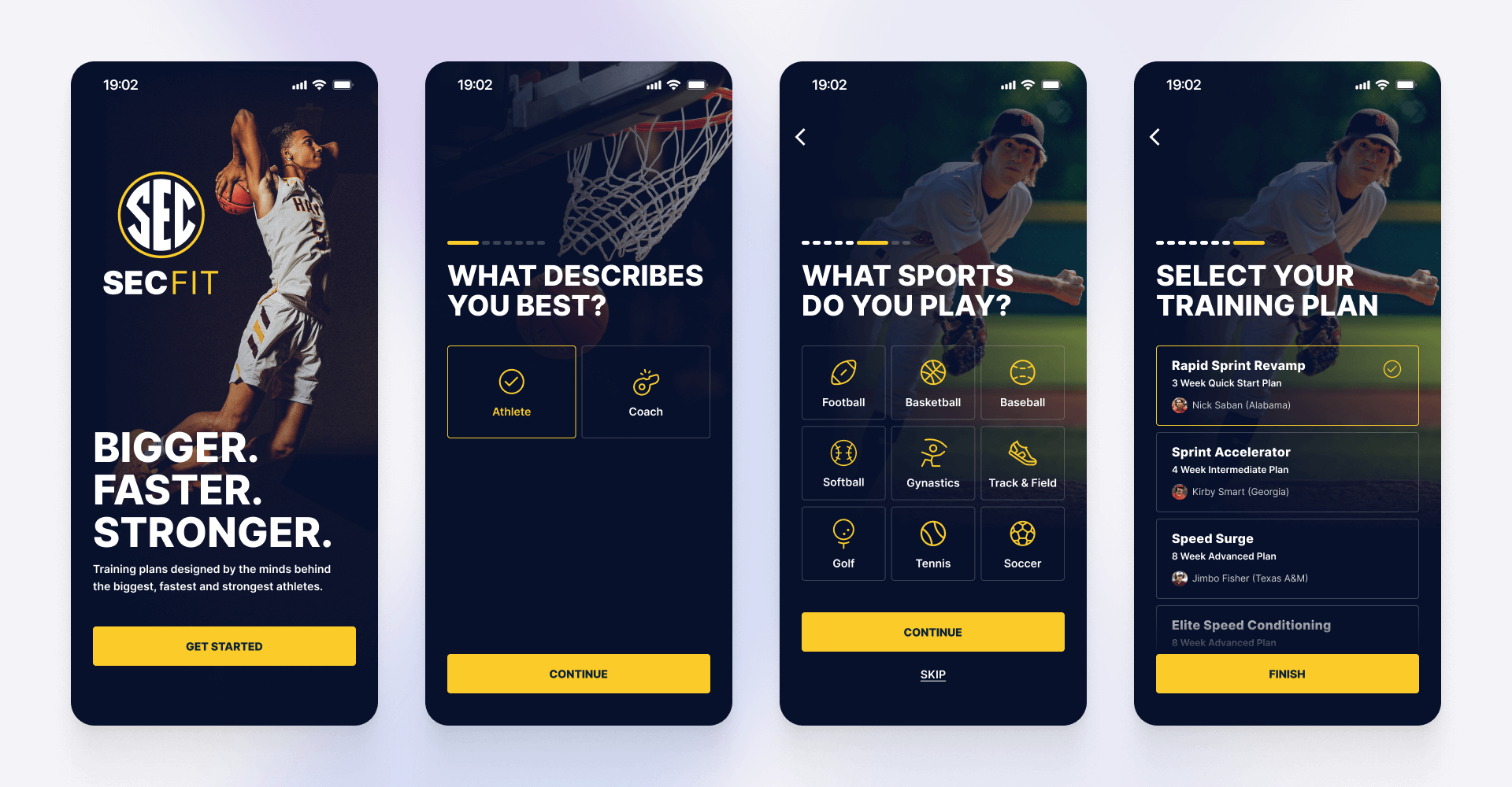 Four-screen mobile onboarding flow for a sports training app showing athlete selection, sport categories, and personalized training plans with coach profiles, designed by SGX Studio.