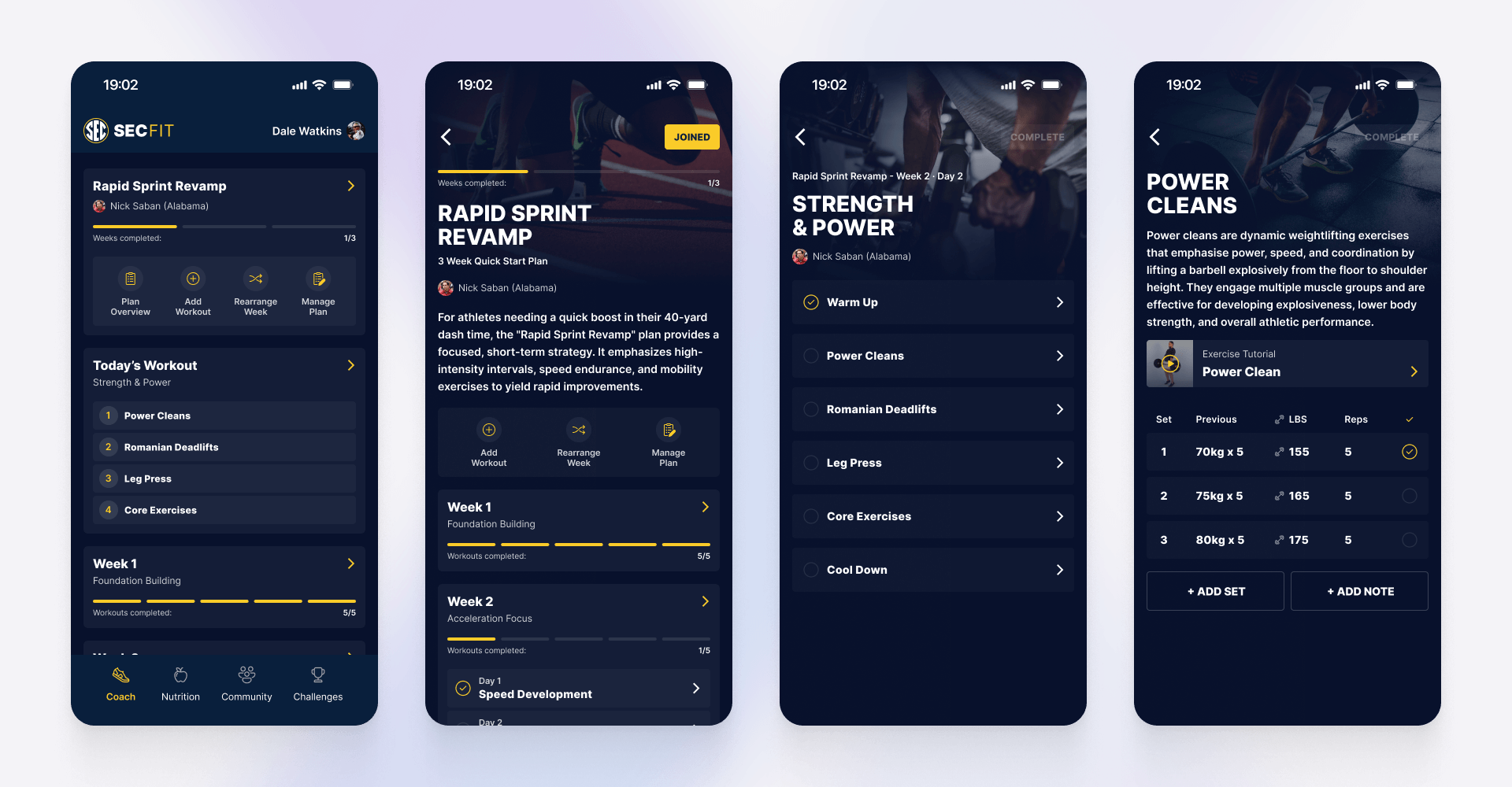 Four-screen mobile UI displaying strength and power workout plans with progress bars, exercise lists, and detailed power clean tracking for athletic performance, designed by SGX Studio.