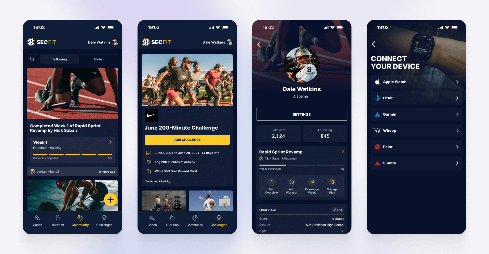 Four-screen mobile UI featuring community feed updates, fitness challenges, athlete profile analytics, and smartwatch connectivity for performance tracking and engagement, designed by SGX Studio.
