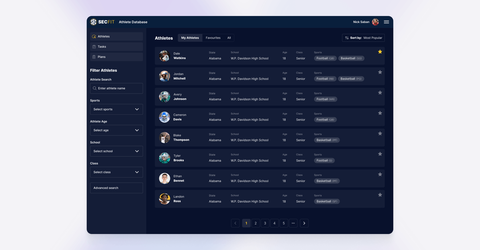 Dark web dashboard showing searchable athlete profiles with filters for age, sport, and school, supporting data-driven coaching and performance management, designed by SGX Studio.