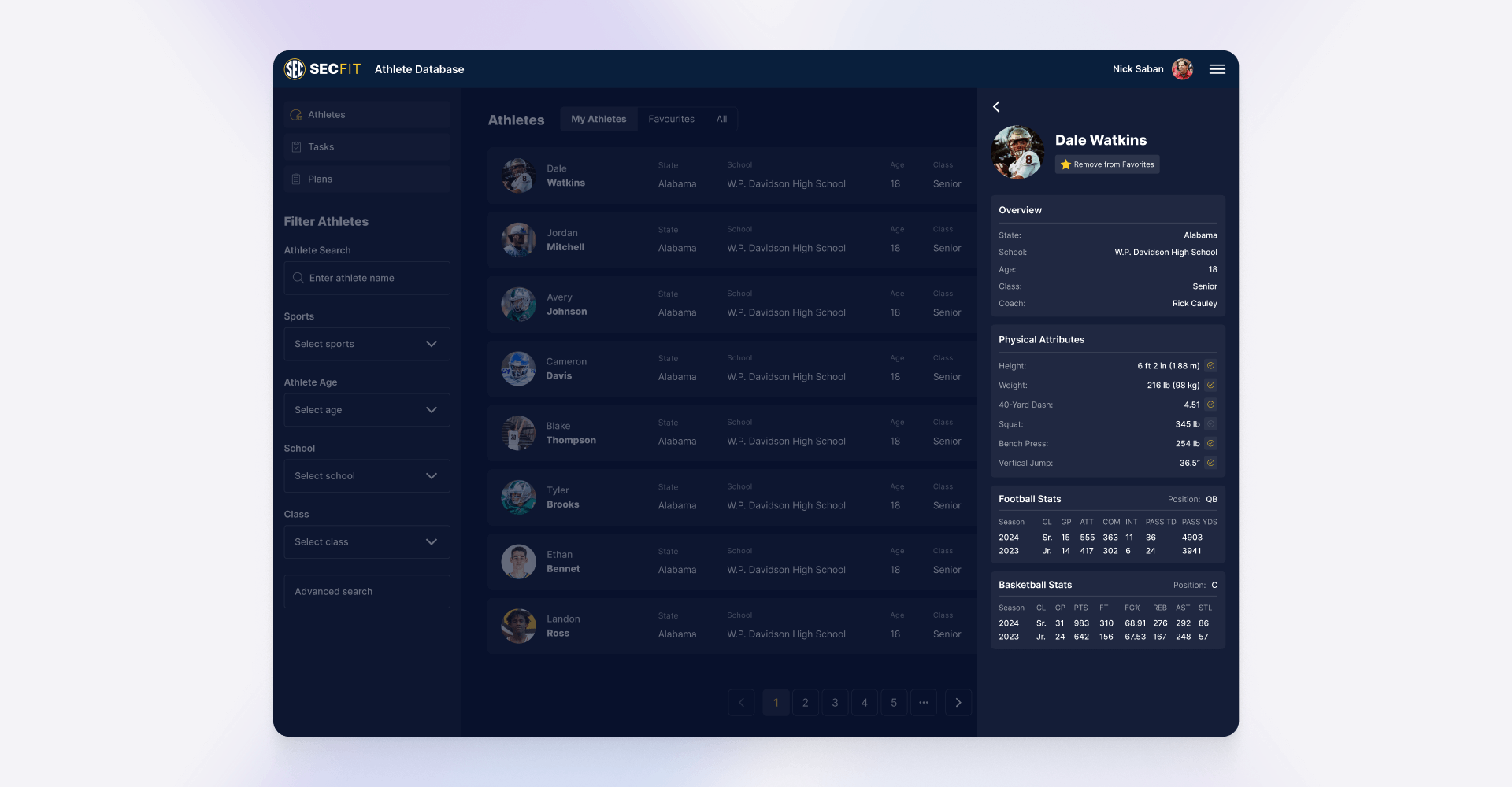 Web dashboard showing athlete profile details, physical attributes, and football and basketball statistics for data visualization and player performance analysis, designed by SGX Studio.