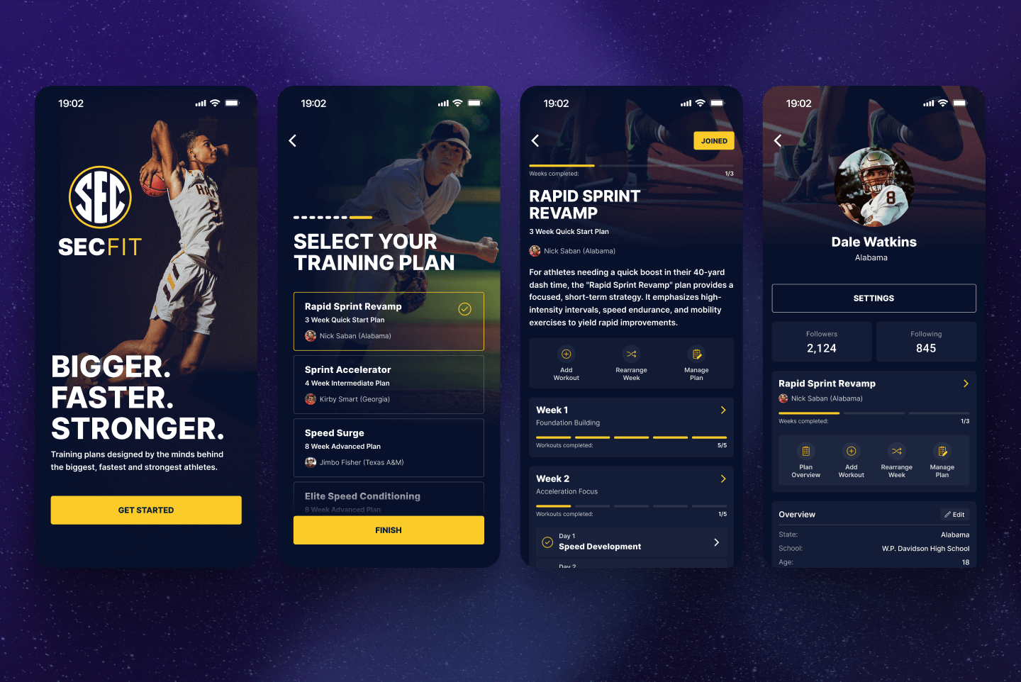 Four-screen mobile UI showcasing athlete onboarding, personalized training plans, workout progress tracking, and profile performance metrics in a dark athletic theme, designed by SGX Studio.