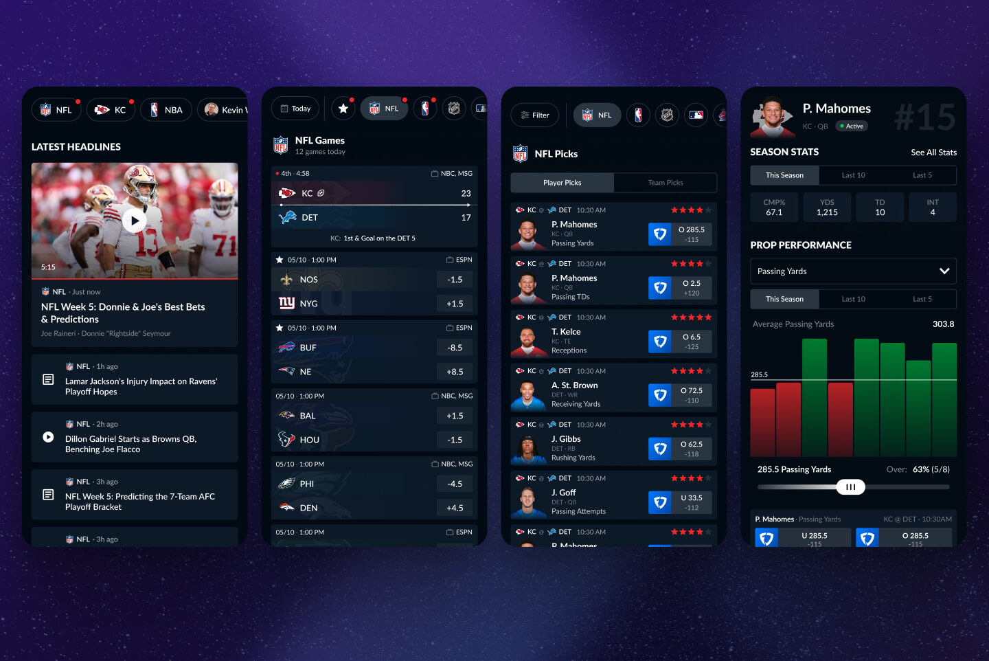 Four-screen mobile UI combining live sports headlines, NFL game listings, player prop selections, and season performance analytics in a unified data-driven betting experience, designed by SGX Studio.