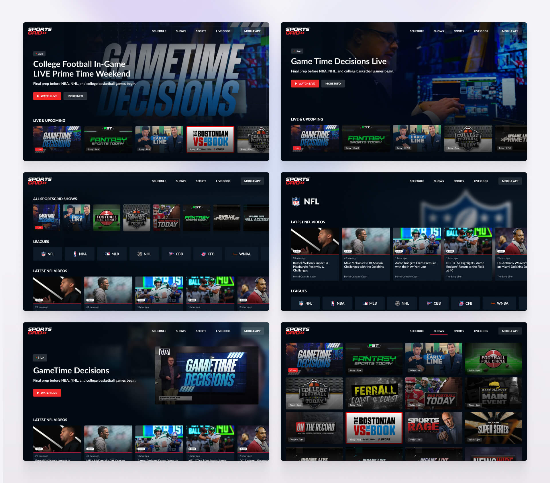 Case study image showing SportsGrid’s Roku TV interface featuring live sports shows, schedules, and video content for NFL, NBA, MLB, and college sports — designed by SGX Studio to deliver a premium connected-TV sports experience with real-time data integration.