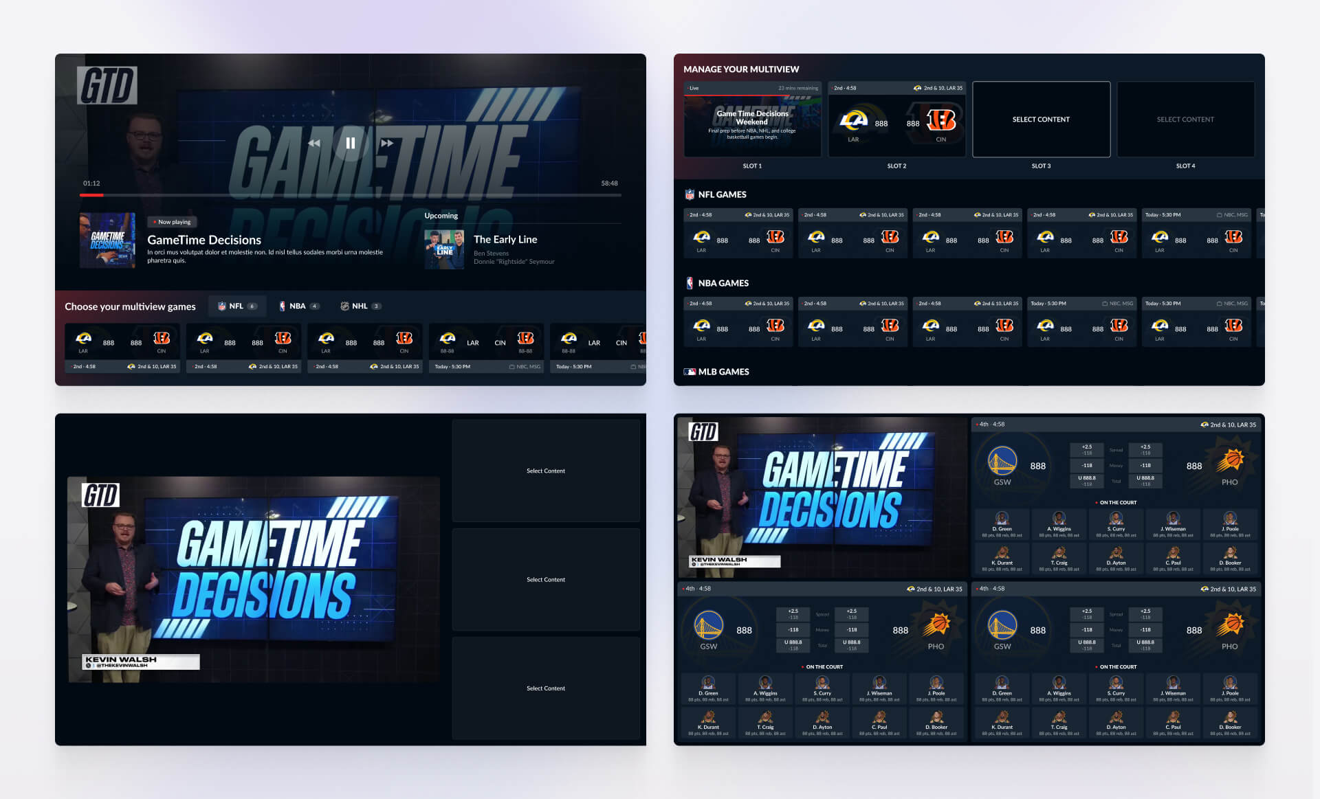 Connected TV interface showcasing multiview layouts for simultaneous live games, real-time betting odds, and team lineups integrated into live broadcasts, designed by SGX Studio.