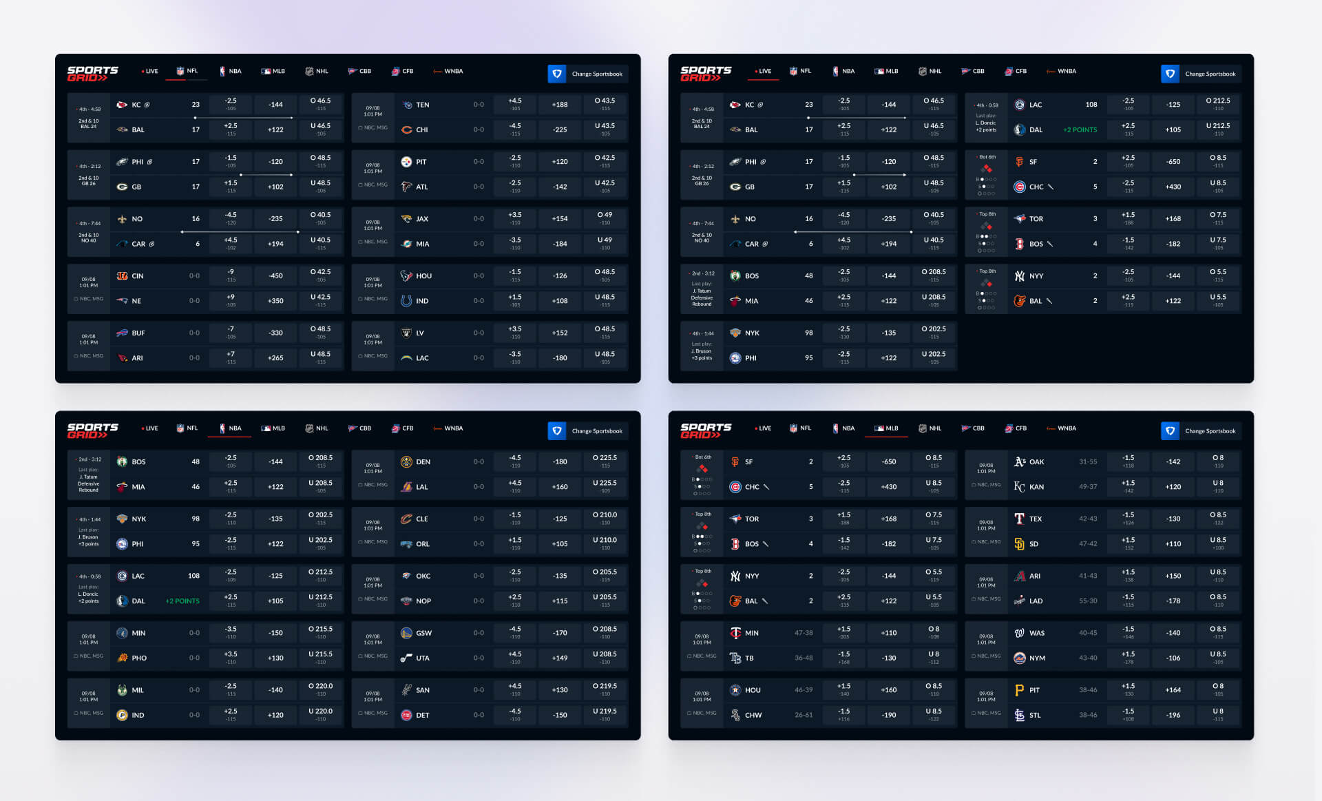Connected TV interface displaying real-time betting odds, spreads, and totals across NFL, NBA, MLB, and CFB in a responsive multi-sport layout for live viewing, designed by SGX Studio.