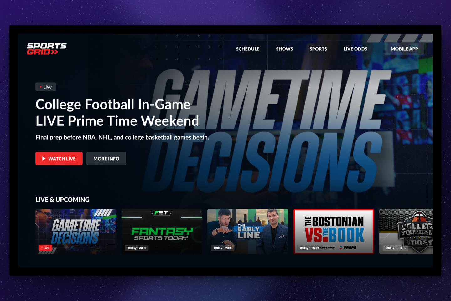 Connected TV interface displaying live and upcoming sports shows with program thumbnails, watch live buttons, and navigation for schedule and live odds, designed by SGX Studio.