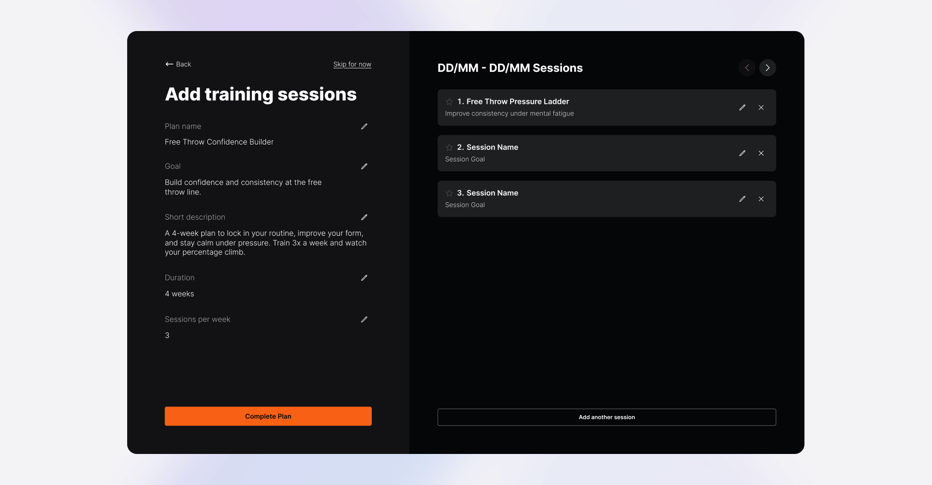 TMG app interface showing the Add Training Sessions screen, where coaches define plans and weekly goals for basketball players, designed by SGX Studio.