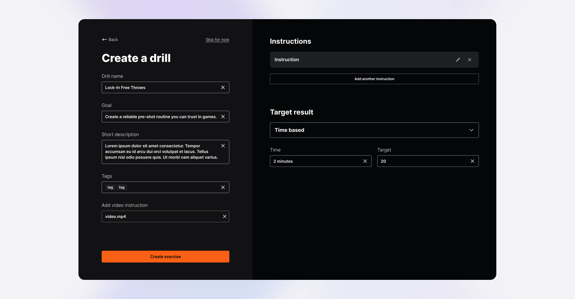 TMG app screen showing the Create a Drill builder for basketball exercises with instructions, targets, and video upload options, designed by SGX Studio.