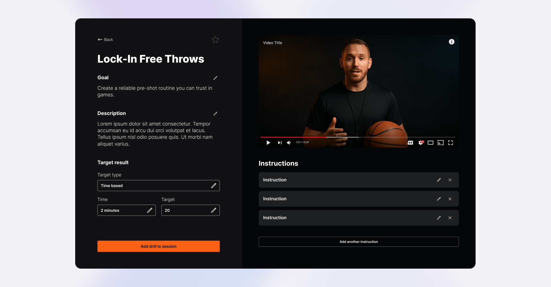 TMG app screen showing the Lock-In Free Throws drill with embedded coaching video, written goals, and step-by-step training instructions, designed by SGX Studio.