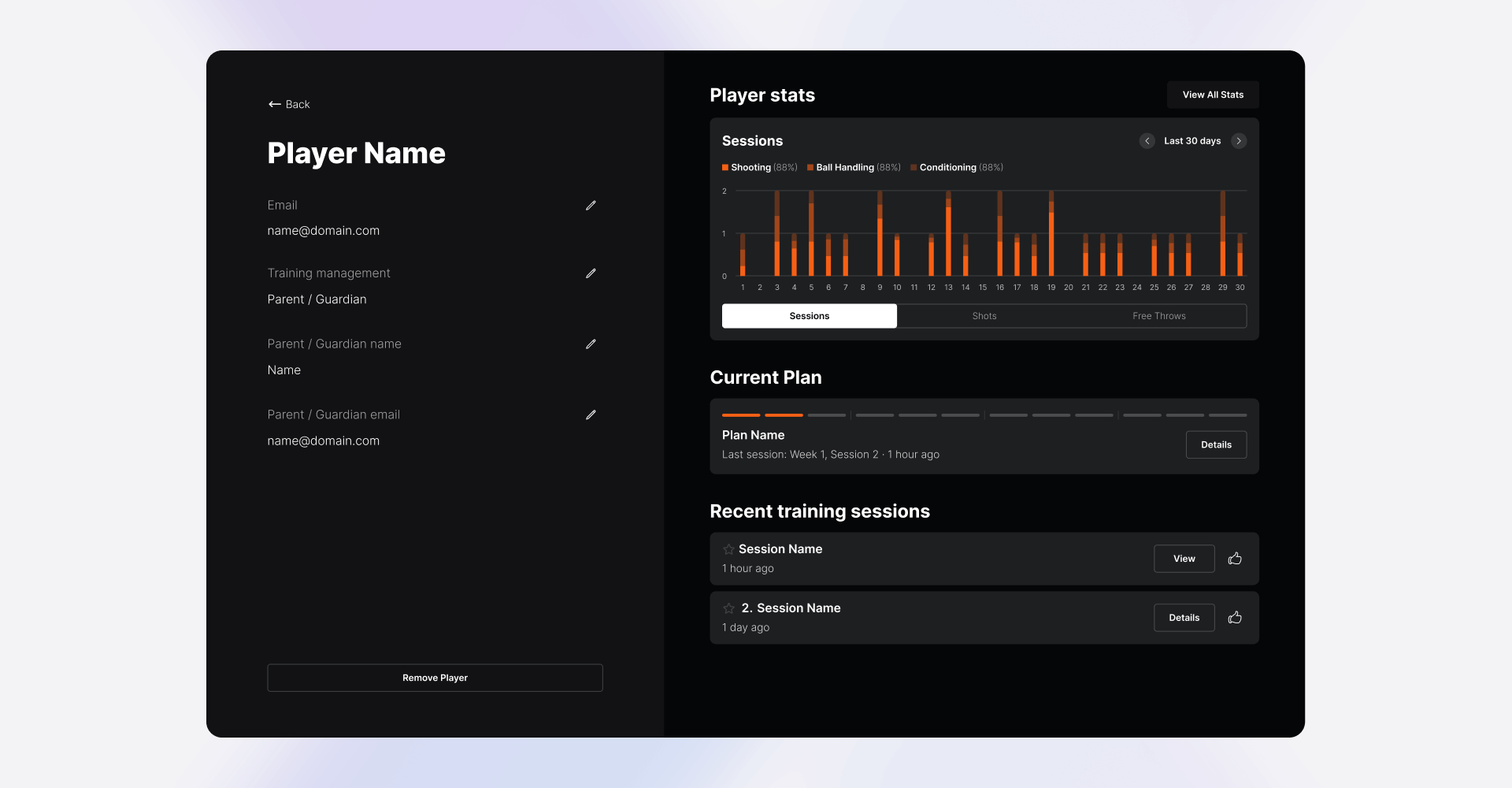 TMG app interface showing player profile details, recent training sessions, and performance statistics dashboard for basketball athletes, designed by SGX Studio.