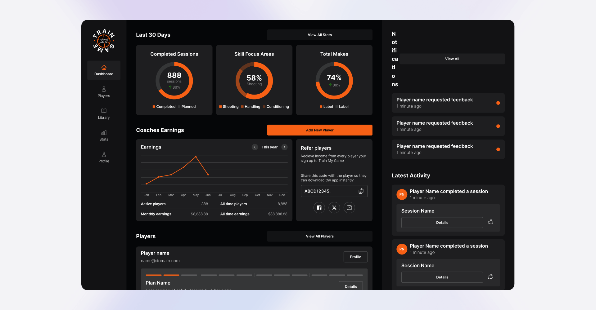 Train My Game app dashboard showing coach performance metrics, player activity, and earnings overview, designed to track completed sessions, skill focus areas, and real-time notifications, created by SGX Studio.