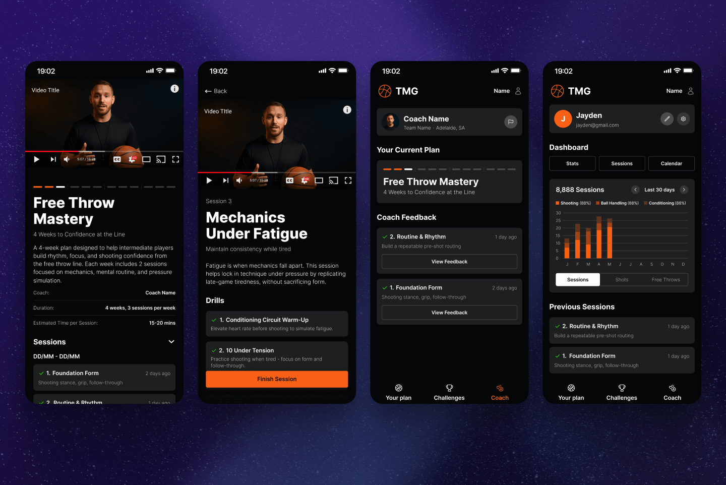 TMG basketball training app showing player dashboard, coach feedback, and video-based skill sessions for improving shooting mechanics and free throw accuracy, designed by SGX Studio.